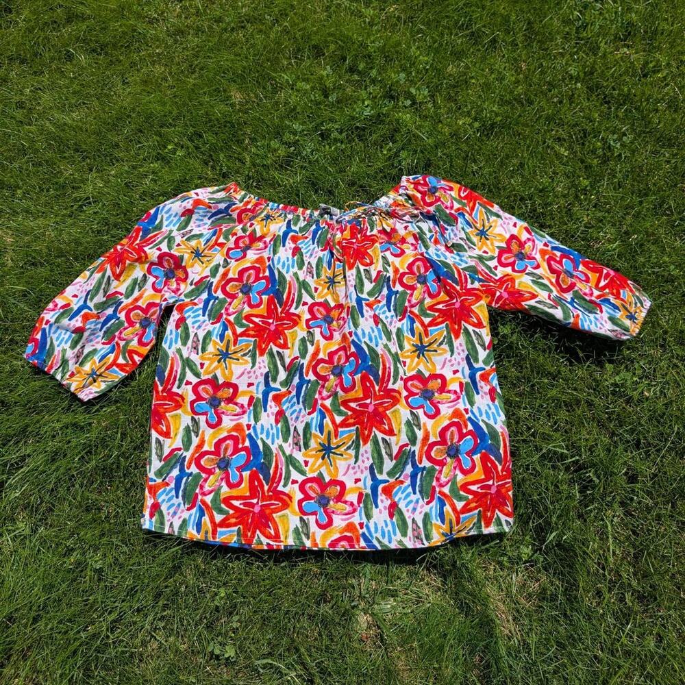 Hester & Orchard Floral Linen Blend Elastic Keyhole Neck Peasant Blouse M